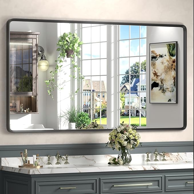 55x30 Black Matte Mirror for Bathroom, Large Rounded Mirror for Bathroom by GOLOMO