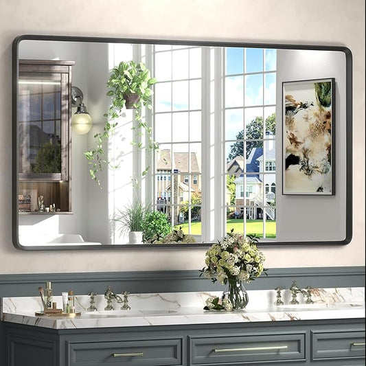 55x30 Black Matte Mirror for Bathroom, Large Rounded Mirror for Bathroom by GOLOMO