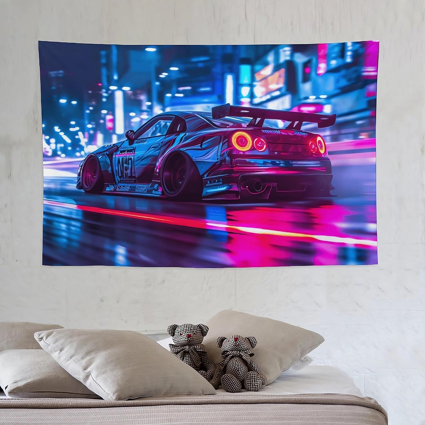 ANMOGID R35 Car Tapestry for Men Teen Boys, Neon Sports Car Tapestries City Night Wall Hanging Aesthetic Decoration for Bedroom Living Room Dorm Rainy Night Light Track Wall Art Decor 59"x39"