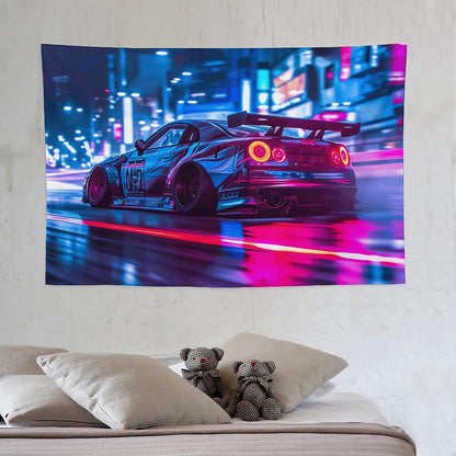 ANMOGID R35 Car Tapestry for Men Teen Boys, Neon Sports Car Tapestries City Night Wall Hanging Aesthetic Decoration for Bedroom Living Room Dorm Rainy Night Light Track Wall Art Decor 59"x39"