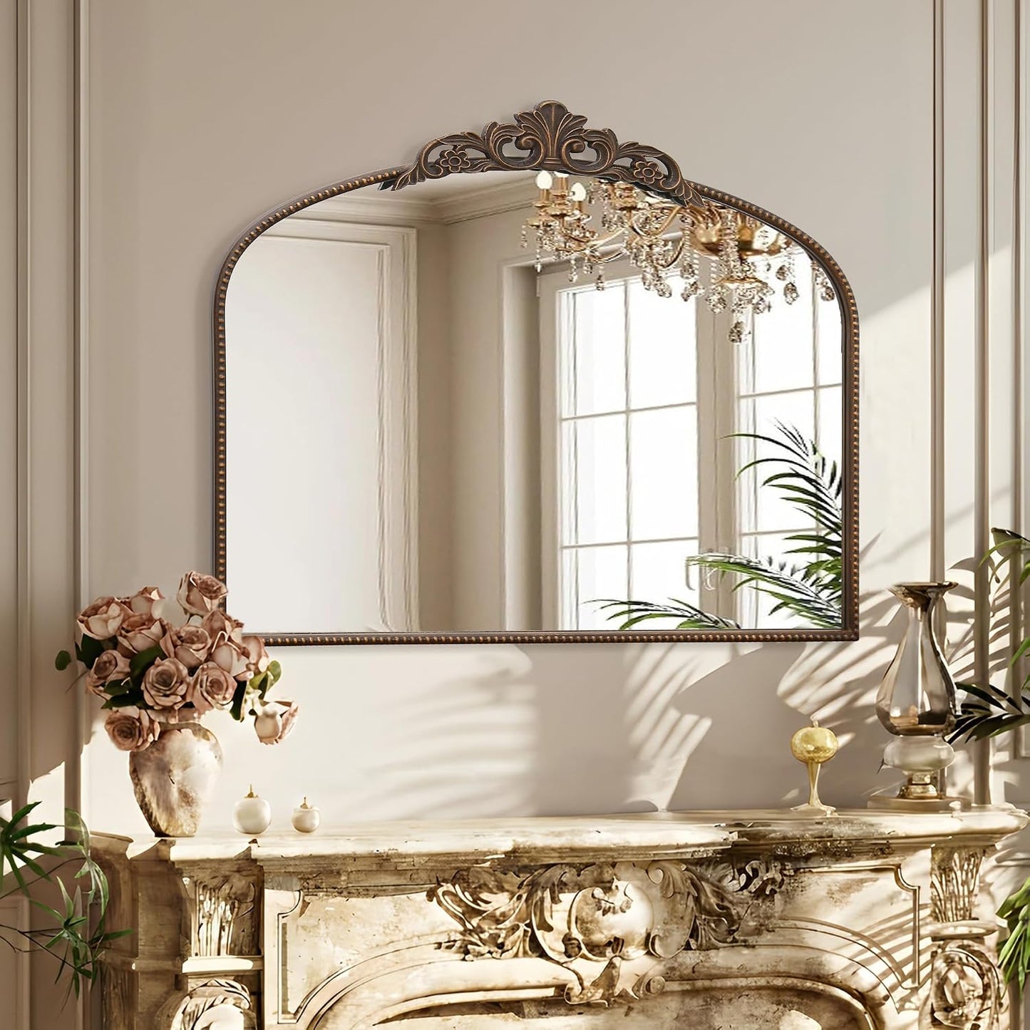 Micasso Vintage Bronze Wall Mirror: 40"x29" Baroque Antique Arched Mirror | Traditional Ornate French Decorative Mirror for Bedroom/Bathroom/Fireplace/Entryway/Hallway/Dresser/Vanity/Mantel/Nightstand