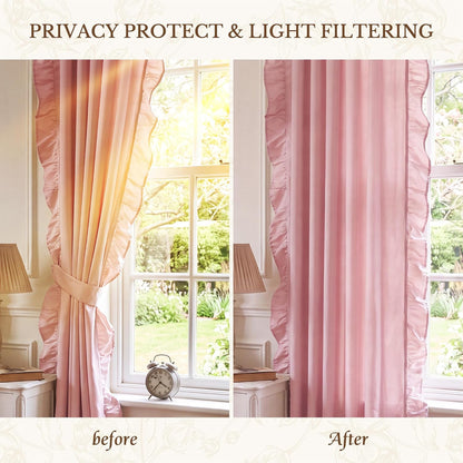 Pink Ruffle Curtains 52x90 Long 2 Panels for Girls Room | Vintage Shabby Chic Romantic Drapes for Nursery, Light Filtering Privacy Window Treatments for Vanity Room, Bathroom