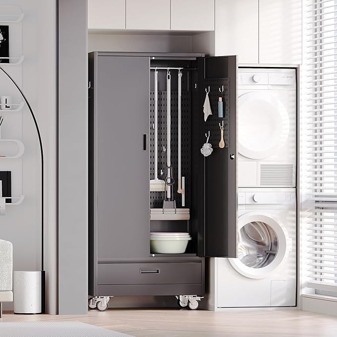 SUXXAN Broom Closet with Wheels 71"x 31.5"x15.75", Metal Cleaning Cabinets with - Image 7