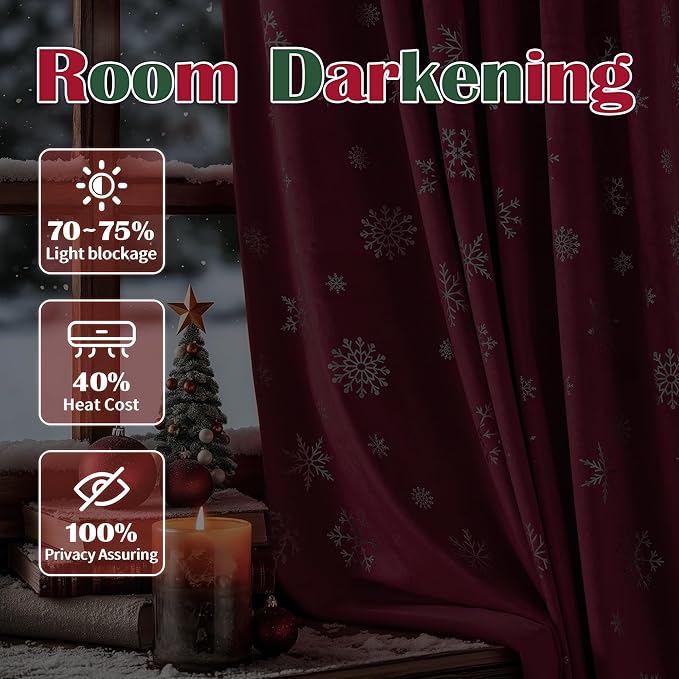 FMFUNCTEX Snowflake Red Christmas Velvet Blackout Curtains - Image 3