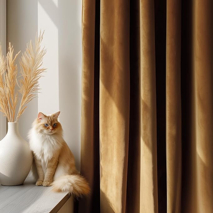 FMFUNCTEX Velvet Blackout Curtains Gold Brown Thermal Insulated Curtains - Image 3