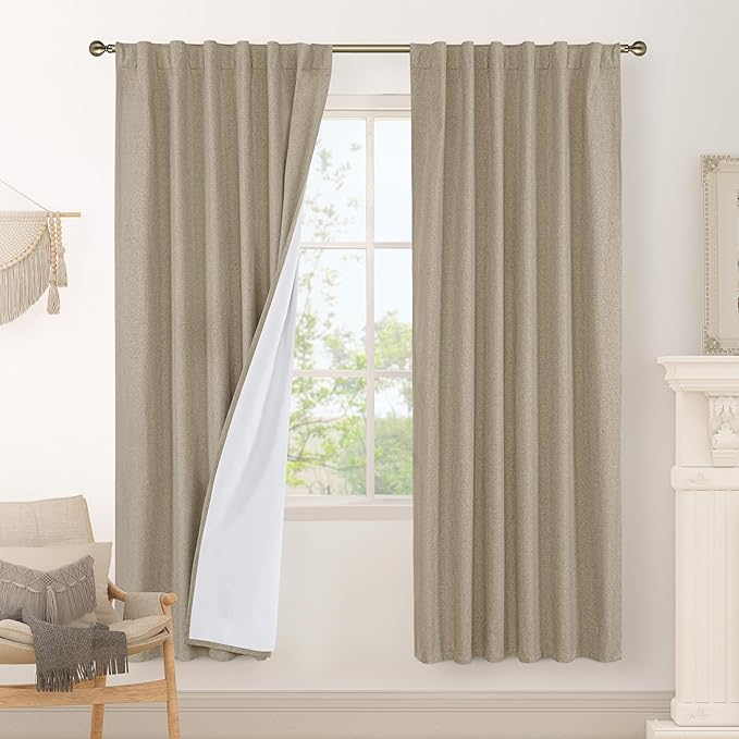 LAMIT 100% Blackout Natural Linen Curtains, 80 Inches Linen Textured Thermal by LAMIT