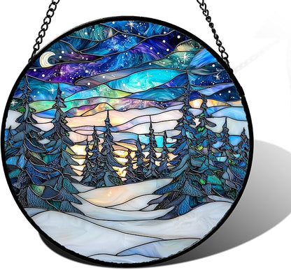 DASTOLL Stained Glass Window Hanging, Starry Sky Trees and Snow Sun Catchers by DASTOLL