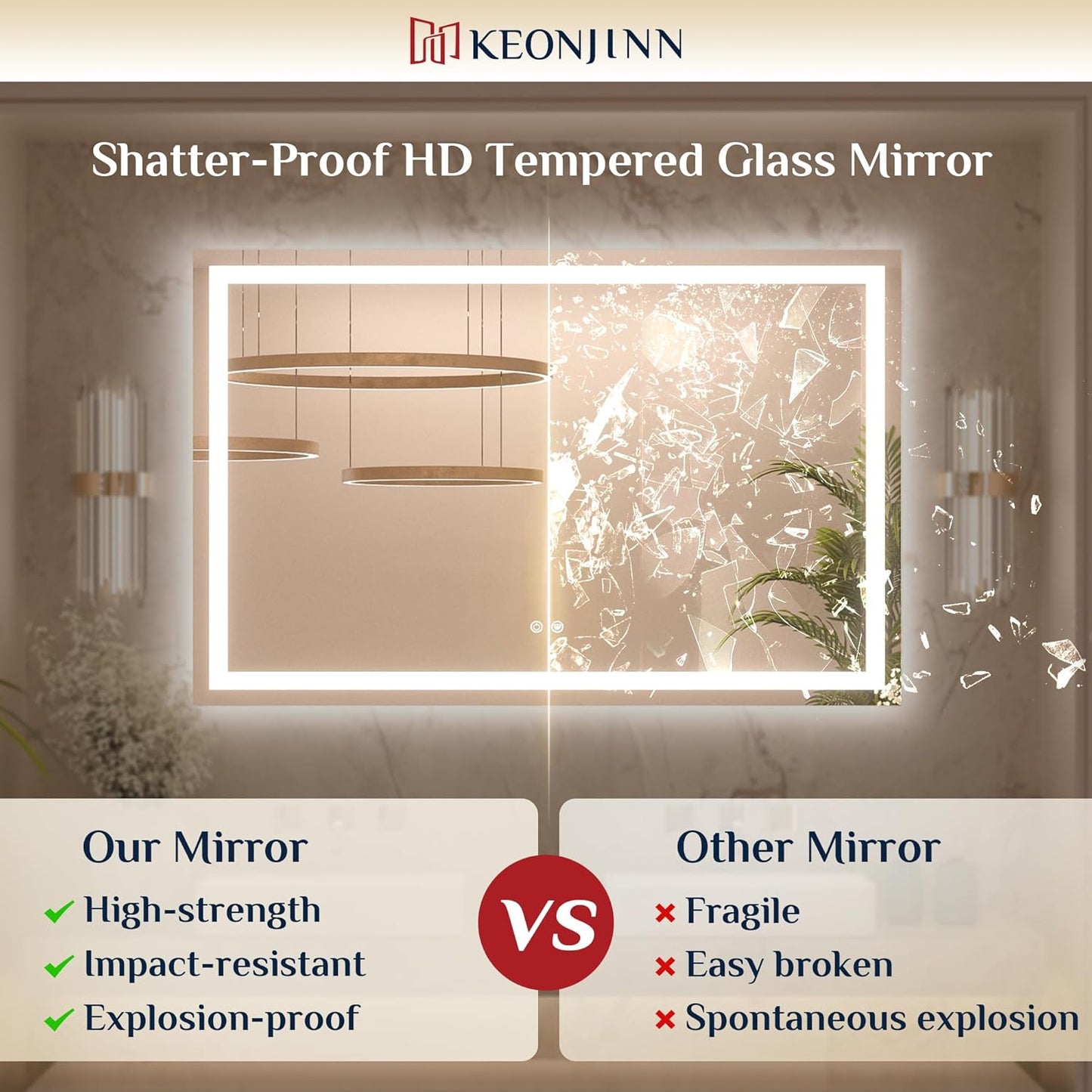 Keonjinn 24x36 Inch LED Bathroom Mirror with Lights, Frontlit & Backlit | Lighted Bathroom Mirror, 3-Color Temperature & Stepless Dimmable Lighting, Fast & Safe Defogging, Effortless Installation