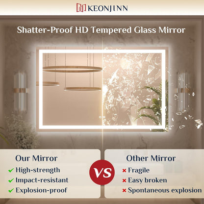 Keonjinn 24x36 Inch LED Bathroom Mirror with Lights, Frontlit & Backlit | Lighted Bathroom Mirror, 3-Color Temperature & Stepless Dimmable Lighting, Fast & Safe Defogging, Effortless Installation