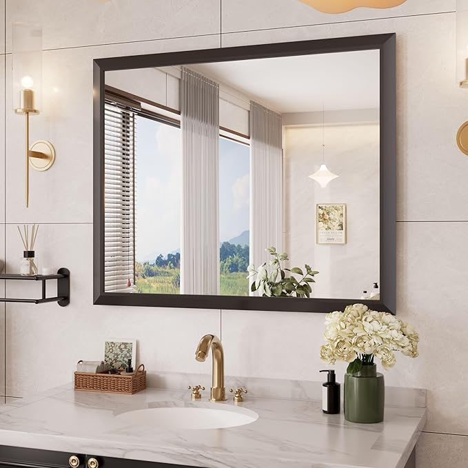 Amorho Bathroom Mirror Black, 44x36 Inch Thick Metal Framed Wall Mirrors by Amorho