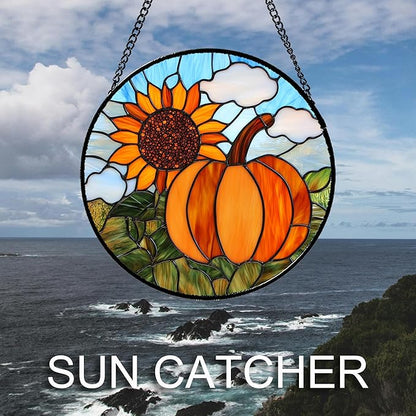 DASTOLL Stained Glass Window Hanging Fall Farm Scenery Sunflower Pumpkin 6.3" - Image 2