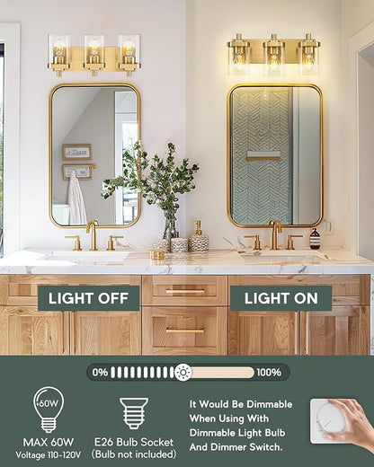 METWET Bathroom Light Fixtures Over Mirror, 3-Light Brushed Gold Vanity Light - Image 6