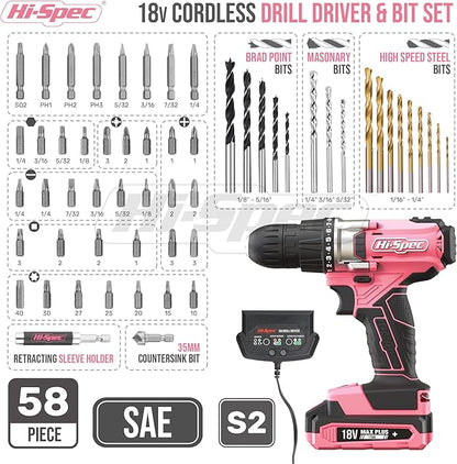 Hi-Spec Pink Cordless Drill Set, 18V Electric Drill - Image 2