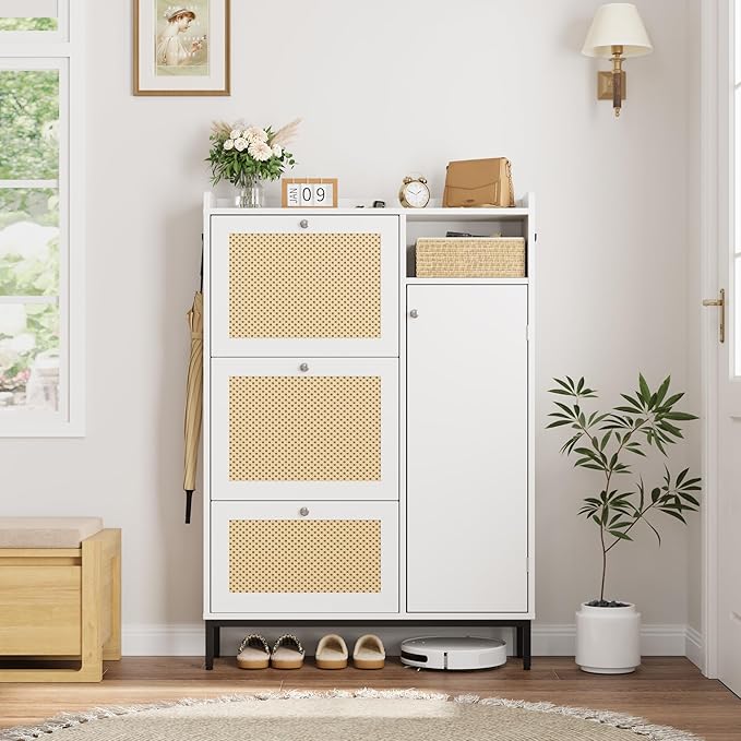 Rattan Wooden Shoe Cabinet, Freestanding 3-Flip Drawer Shoe Storage Organizer - Image 4