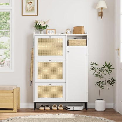 Rattan Wooden Shoe Cabinet, Freestanding 3-Flip Drawer Shoe Storage Organizer - Image 4