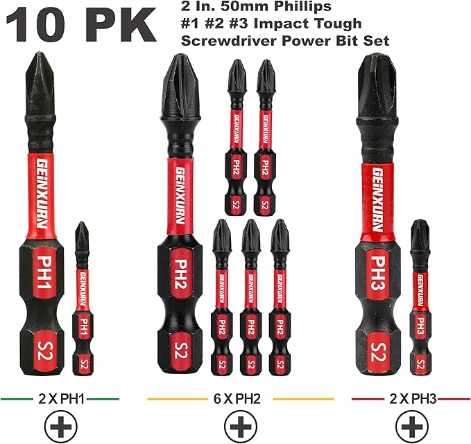 Anti-slip Hex Impact Tough Magnetic Screwdriver Bits Set 2 in. PH1/PH2/PH3 - Image 2