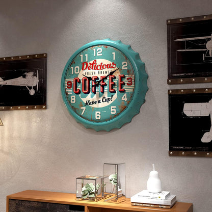 Menterry Bottle Cap Design Iron Retro Wall Clock,13" Blue Vintage Style | Silent Non-Ticking Battery Operated Creative Antique Decor Wall Clocks for Cafes,Farmhouse,Office,Kitchen