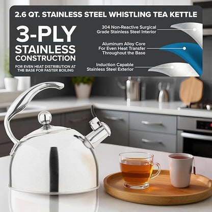 Viking 3-Ply Stainless Steel Tea Kettle, 2.6 Quart Stovetop Hot Water Pot - Image 2