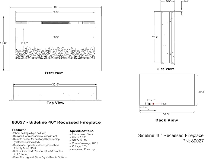 Touchstone Smart Electric Fireplace-The Sideline 40" Wide-in Wall Recessed - Image 7