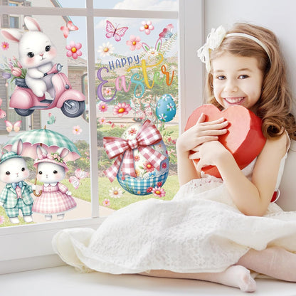Summer Window Clings,Pink Large Easter Painting Bunnies Stickers,Spring Tulips Reusable Holiday Window Sticker for Kids,Wall Decals Decorations for Home School Office Nursery Shop,9 Sheets