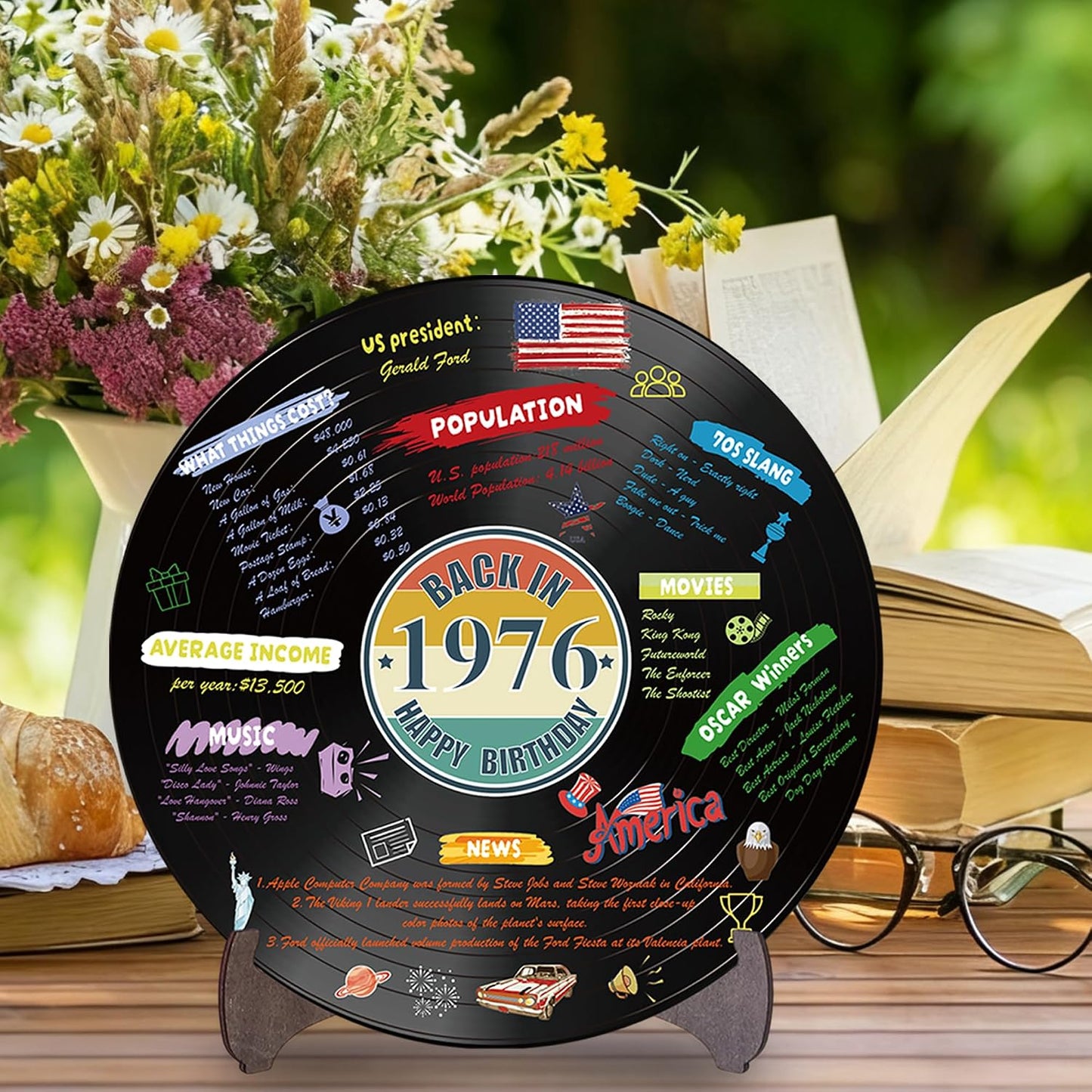Holkcog Vinyl Record 50th Birthday Decoration, Back in 1976 Birthday Poster | 1976 Birthday Poster Sign With Stand, Vintage 50 Year Old Party Supplies for Men& Women, 50th Anniversary Class Reunion Gifts
