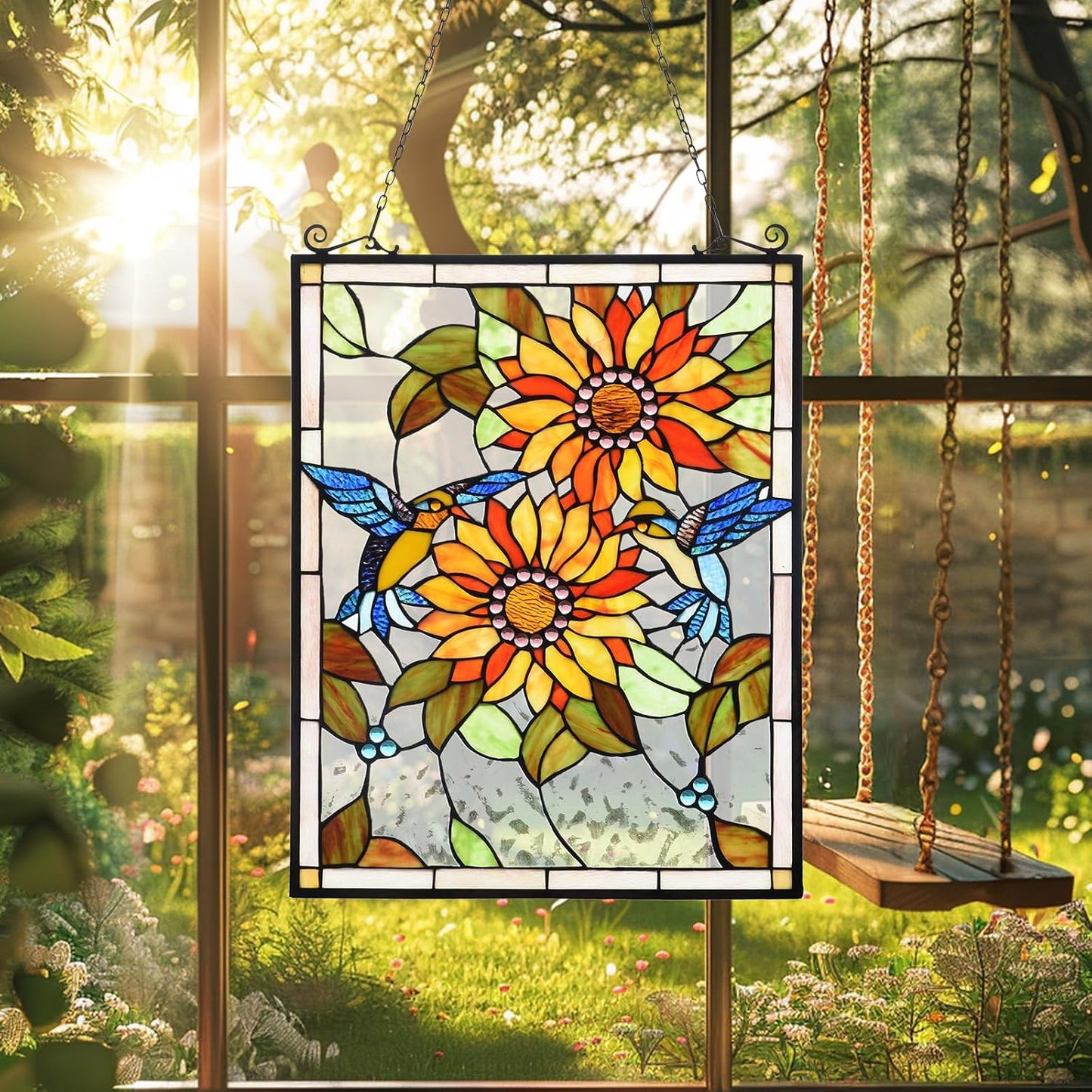 Capulina Sunflower and Birds Stained Glass Panels Window Hangings