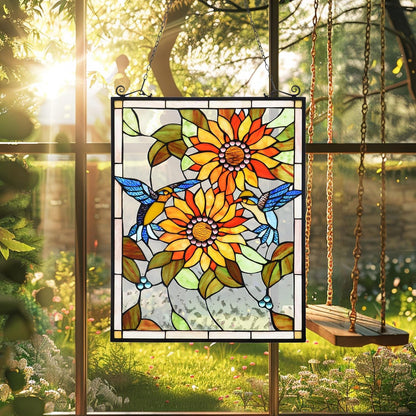 Capulina Sunflower and Birds Stained Glass Panels Window Hangings