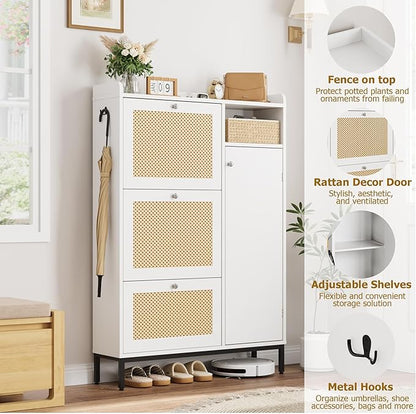 Rattan Wooden Shoe Cabinet, Freestanding 3-Flip Drawer Shoe Storage Organizer - Image 3
