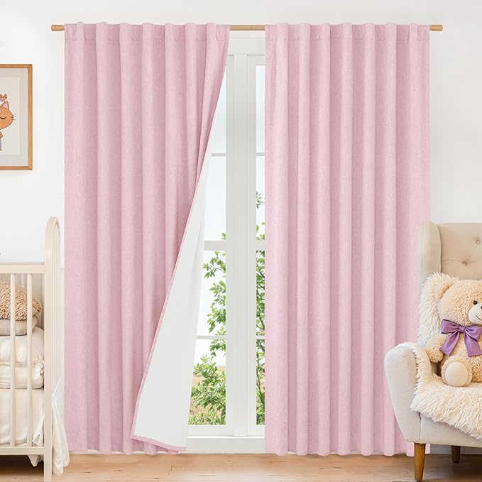 LAMIT Pink 100% Blackout Linen Curtains, 84 Inch Linen Textured Living Room by LAMIT