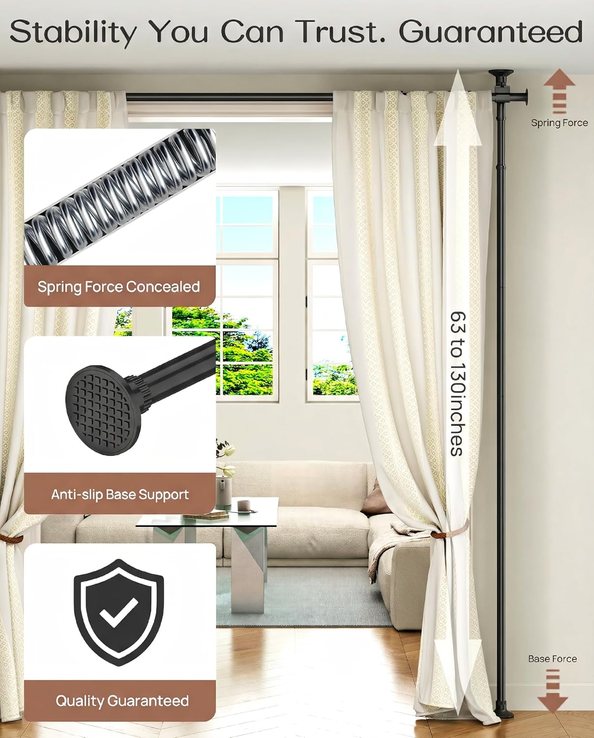 ALLZONE Tension Curtain Rods for Windows, Adjustable 31 to 83 Inch Wide, Freestanding Curtain Rods No Drilling, Apartment Renter Friendly, Heavy Duty, for Room Divider, Doorway, 63 to 130 Inches Tall
