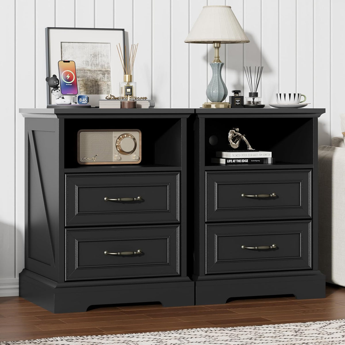 black nightstand with charging station,18" wide end table, side view