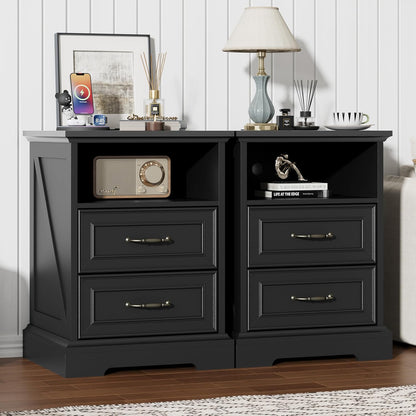 black nightstand with charging station,18" wide end table, side view