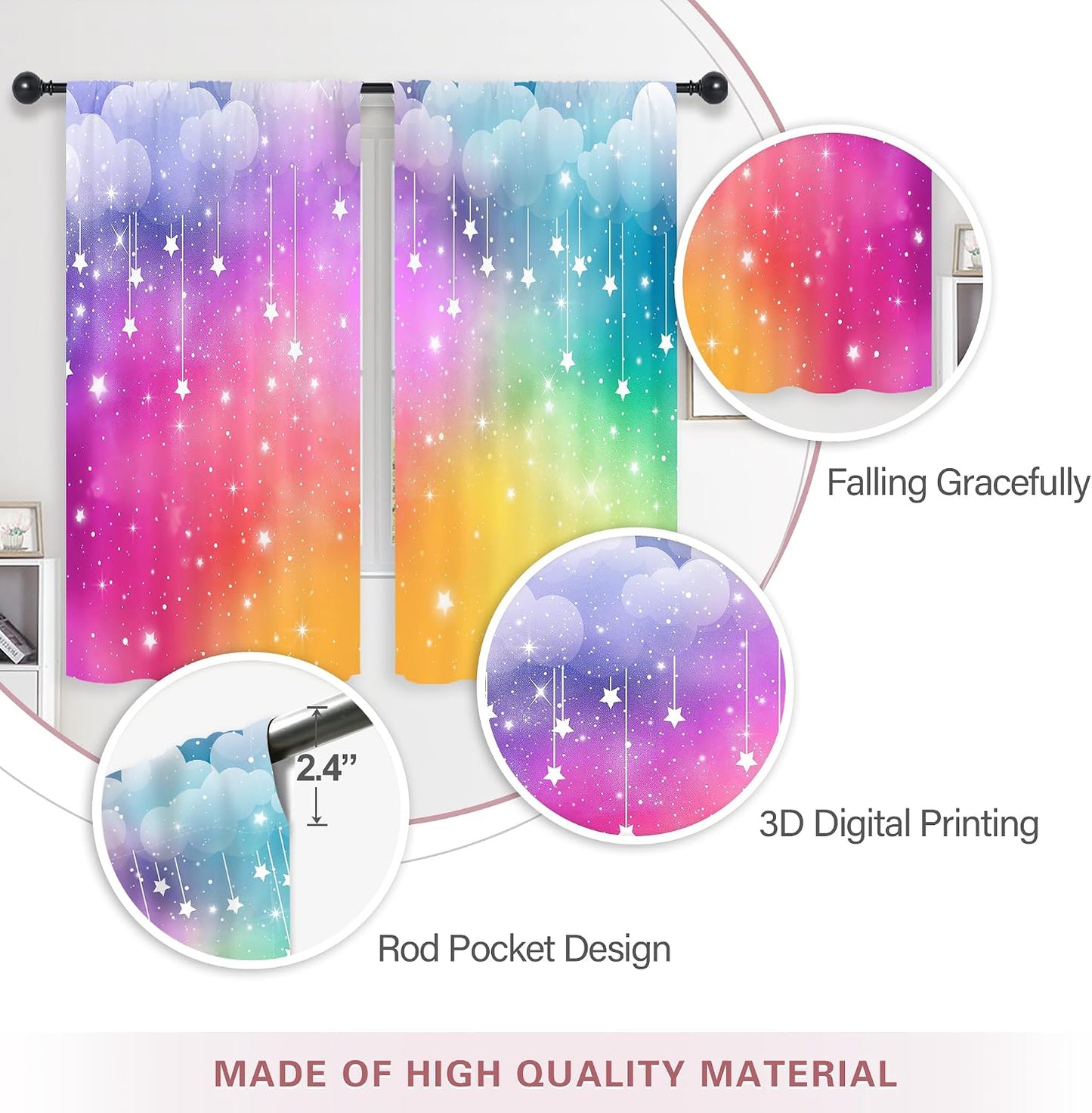 Colorful Rainbow Cloudy Aesthetic Stars Living Room Bedroom Window Curtains | 42"W x 63"L Girly Kids; colorfast print, 2 panels, rod pocket, easy to install,easy-care and washable.