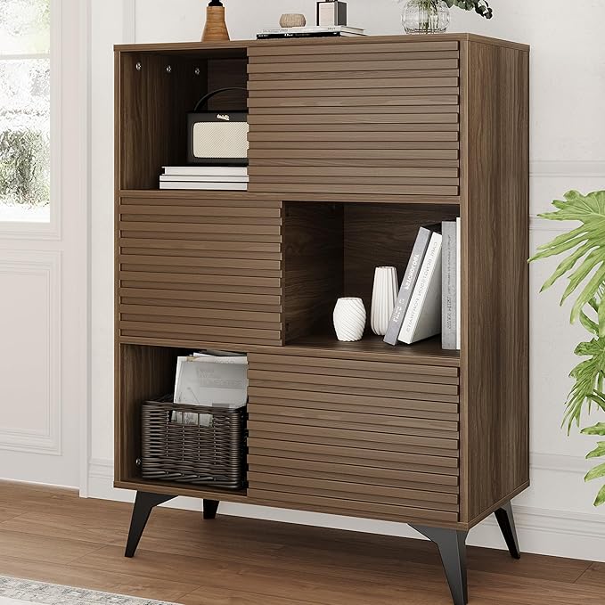 IDEALHOUSE Fluted Cabinet with Sliding Doors, Modern Wooden Storage Cabinet by IDEALHOUSE