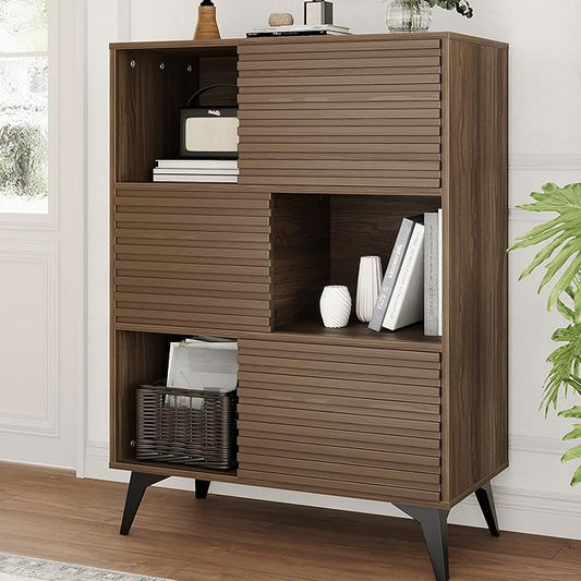 IDEALHOUSE Fluted Cabinet with Sliding Doors, Modern Wooden Storage Cabinet by IDEALHOUSE