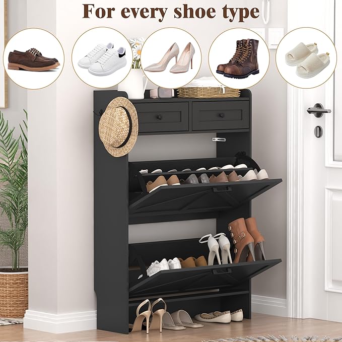 Shoe Cabinet with 2 Flip Drawers & 2 Storage Drawers, Rustic Farmhouse Narrow - Image 8