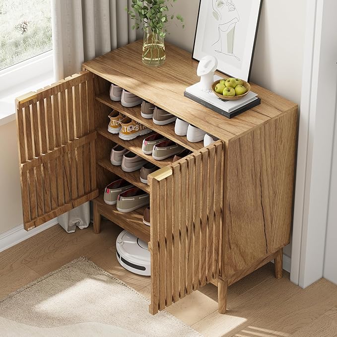 Shoe Storage Cabinet with Ventilated Slatted Doors, Wooden Shoe Organizer - Image 7