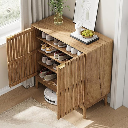 Shoe Storage Cabinet with Ventilated Slatted Doors, Wooden Shoe Organizer - Image 7