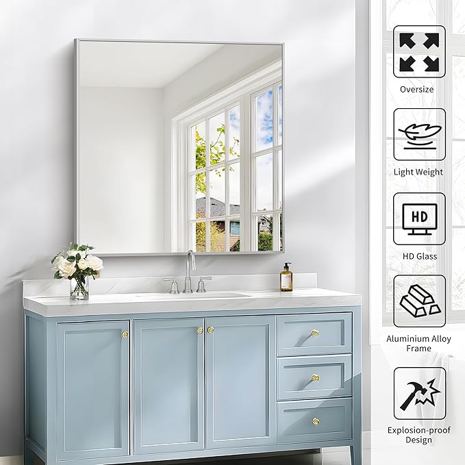 Silver Bathroom Mirror for Wall, 30x30 Inch Rectangle Mirrors - Image 5