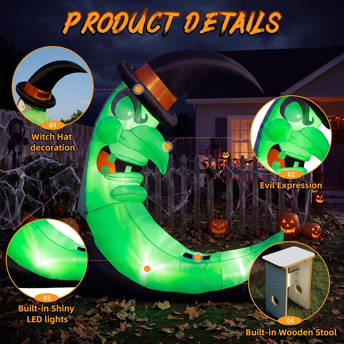 9FT Green Witch Moon Halloween Inflatables Outdoor Decorations with Bench