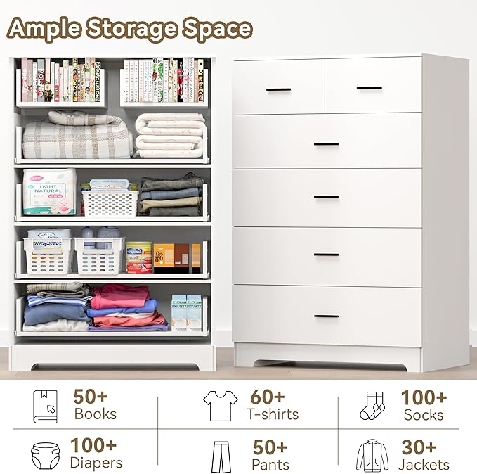 Dresser with Power Outlets Wooden 6 Drawer Dresser with Large Organizer White - Image 7