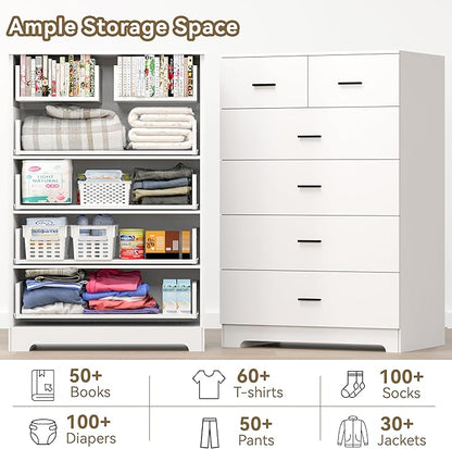 Dresser with Power Outlets Wooden 6 Drawer Dresser with Large Organizer White - Image 7