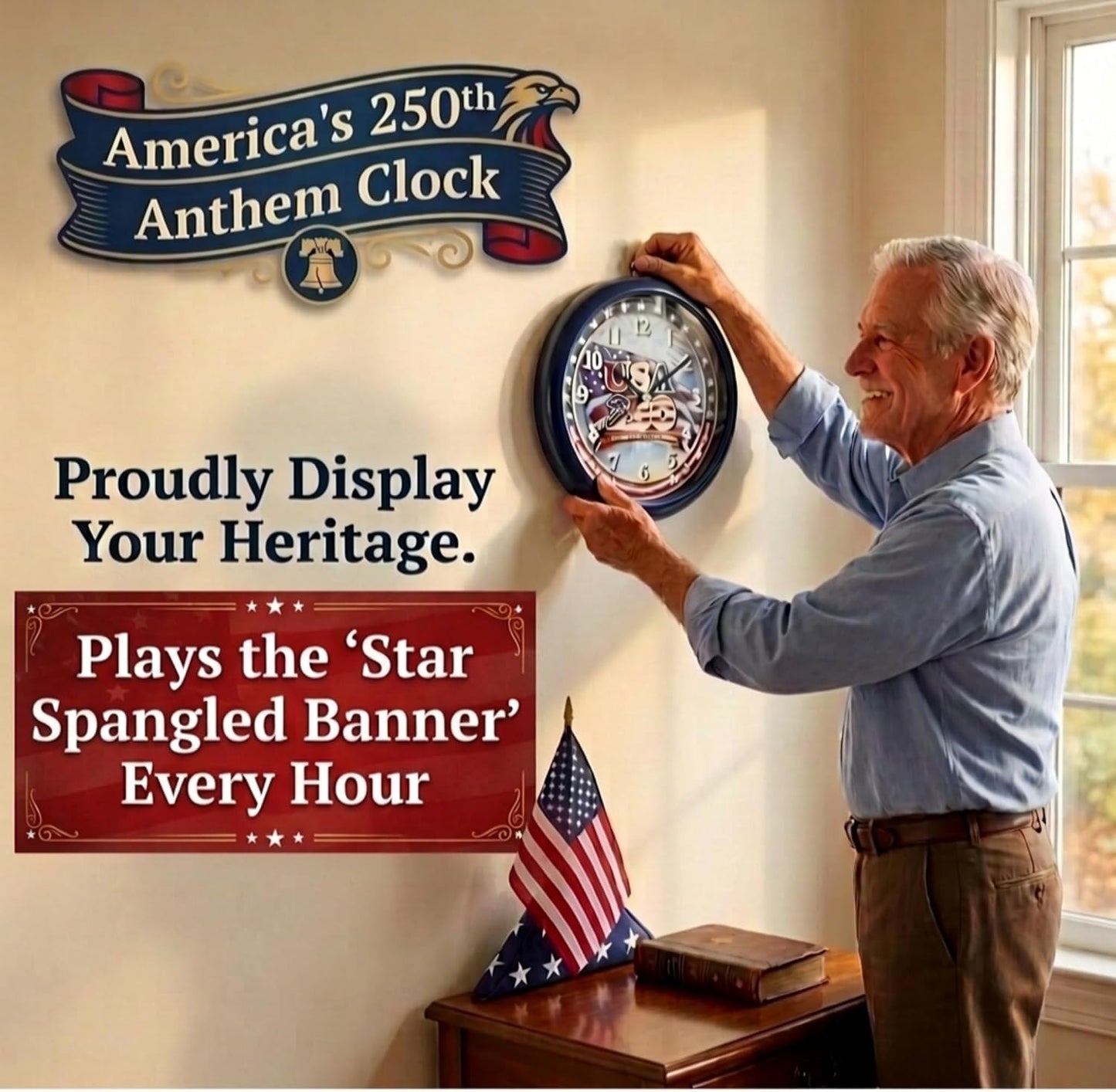 Wall Clock, America 250 Musical Anthem, Battery, Blue | 10-inch Analog Clock, Patriotic Design, Silent Hours Programmable, Plays Star-Spangled Banner | Batteries Not Included