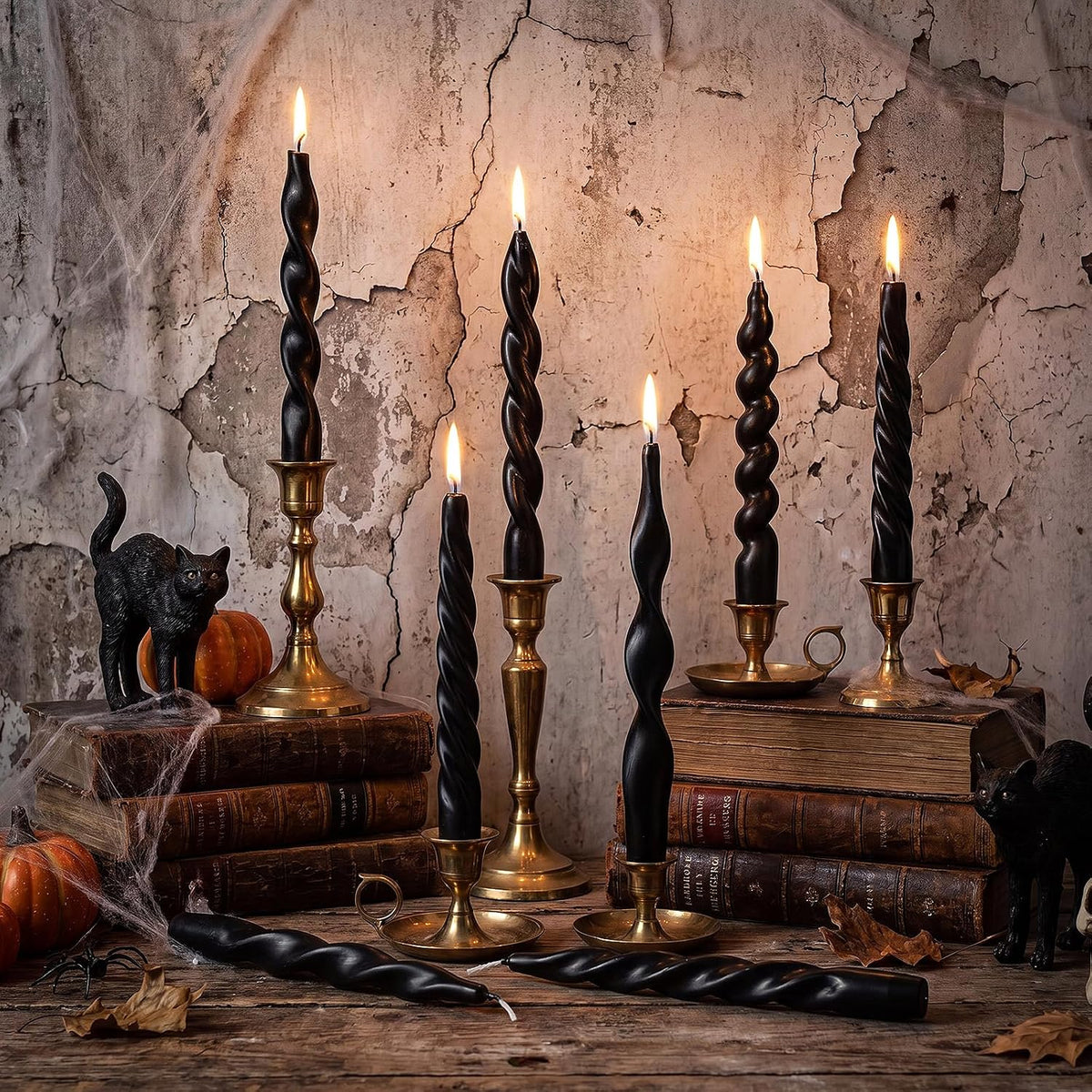 Nuanchu 12 Pcs Black Spiral Taper Candle 7.5" Halloween Twisted Candlestick