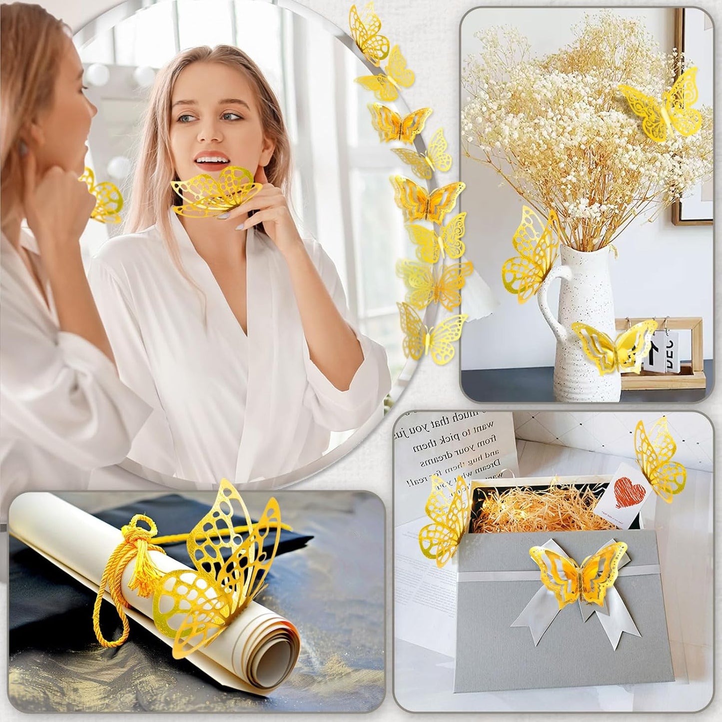 96 Pcs Butterfly Decorations，4 Styles,3 Sizes，3D Butterfly Wall Decor Party Decorations Butterflies for Crafts Birthday & Wedding Celebrations Cake Decorating Balloons Removable Stickers Gold