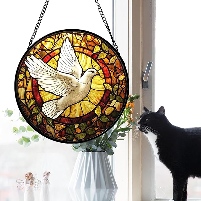 DASTOLL Stained Glass Window Hanging, Flying White Dove Sun Catchers Diamond - Image 3