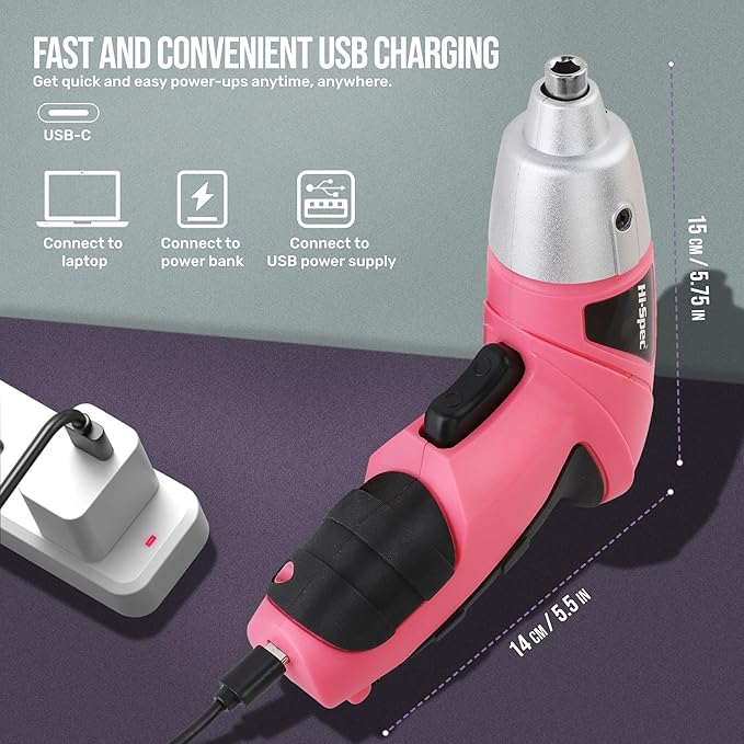 Hi-Spec Electric Screwdriver 19pc 3.6V Pink USB Small Power Screwdriver Set. - Image 5