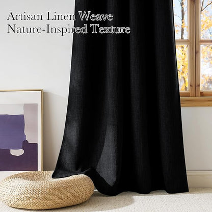 NICETOWN Black Faux Linen Room Darkening Rod Pocket Curtains 63 inch Length - Image 3