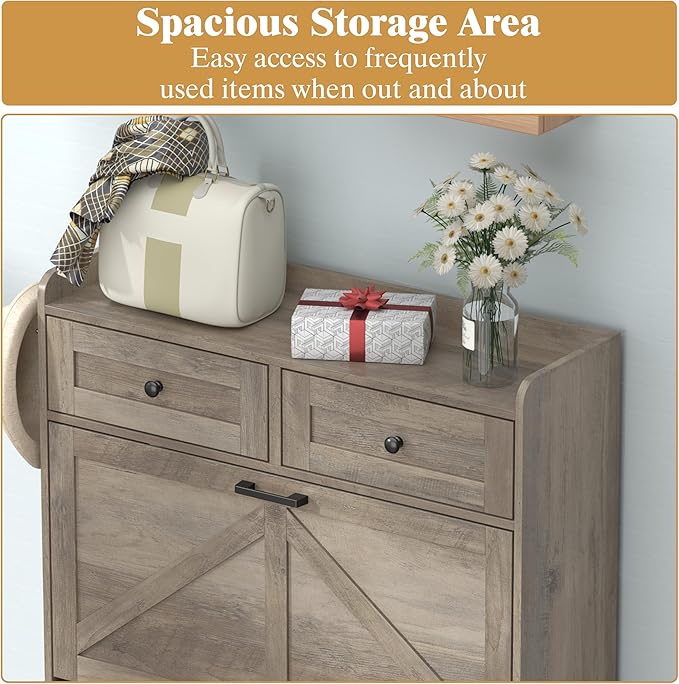 Shoe Cabinet with 3 Flip Drawers & 2 Storage Drawers, Rustic Farmhouse Narrow - Image 4