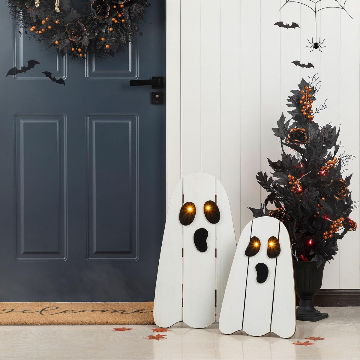 Glitzhome Set of 2 Halloween Lighted Wood Ghost Porch Decor - 24" H &amp...